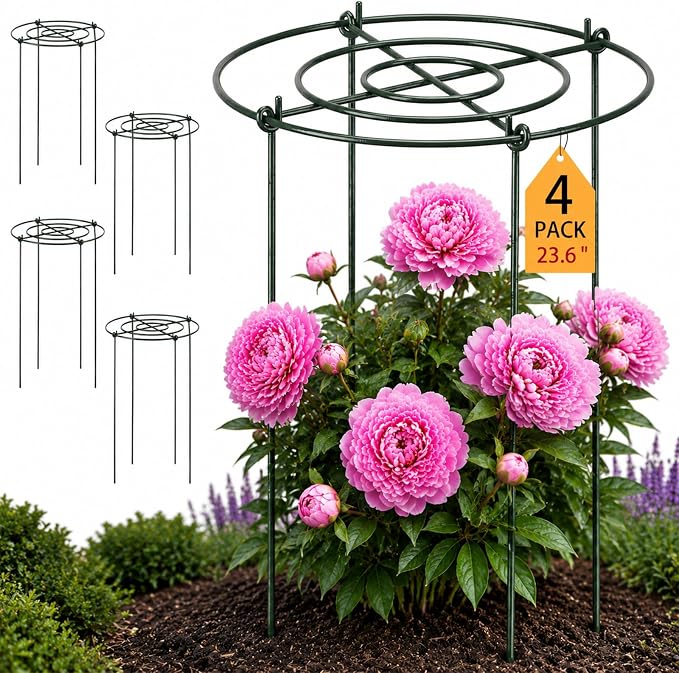 Pelopy Large Peony Cages and Supports 23.6"H x 15.7"D Heavy Duty Plant Support for Outdoor Plants, Meatl Peony Rings, Flower Support Stakes, Garden Stakes for Rose Tomato Hydrangea Strawberry(4 Pack)