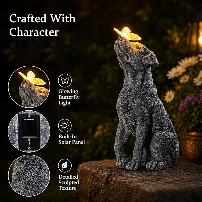 Garden Statue Dog Figurine Decor with Solar Butterfly Outdoor Decoration | Ideal Gifts for Mom Dad or Birthdays,Memorial Yard Lawn Home Decor for Outside