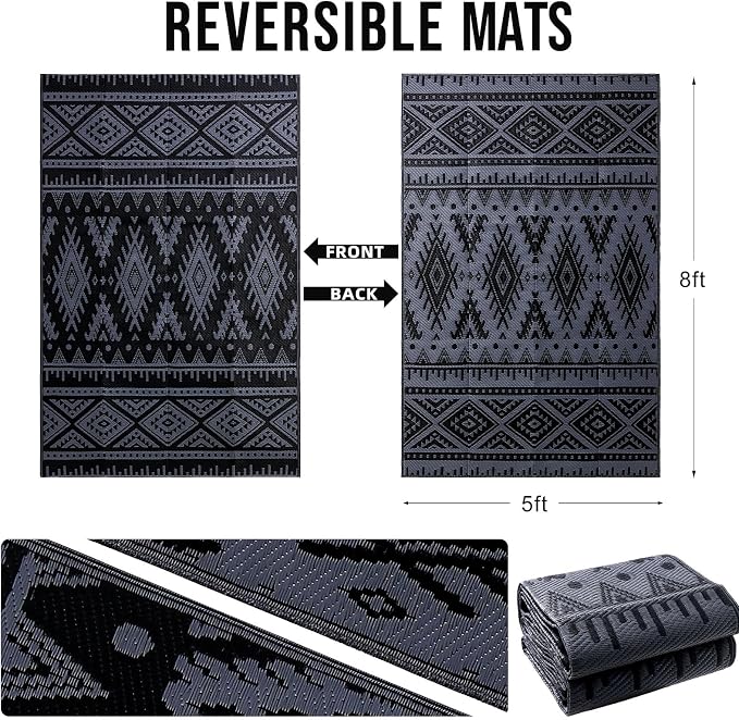 OLANLY Outdoor Rug Waterproof 5x8 ft, Reversible Outdoor Plastic Straw Rug, Boho Patio Rug, Indoor Outdoor Carpet, RV Mat Outside for Patio, Camp, Picnic, Balcony, Deck, Backyard, Black & Grey