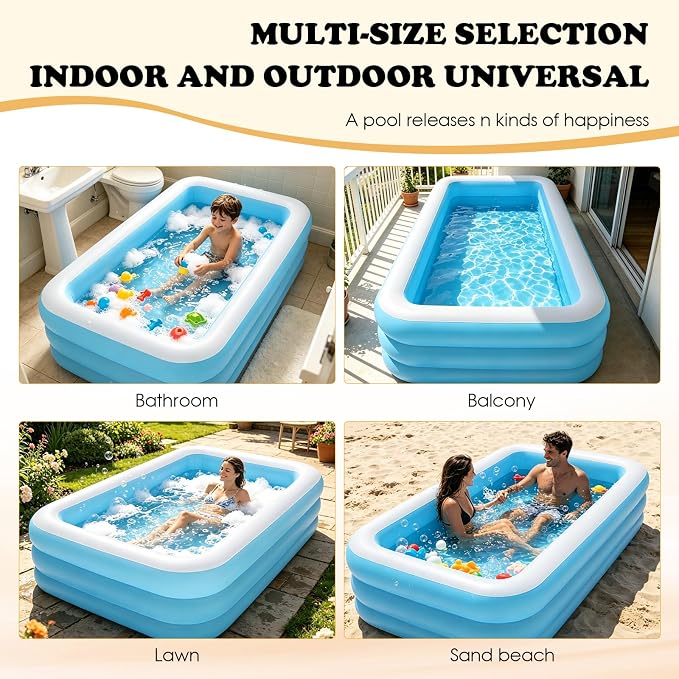 HAIKE Inflatable Pool for Adults and Kids, Family Full-Sized Kids Pool Outdoor Water Party, Summer 3 Layer Thickened Swimming Pool, Rectangular Blow Up Pool for Backyard Garden (120"x59.1"x22" Blue)