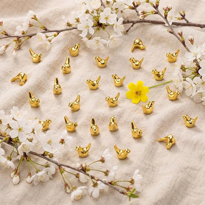 Sieral 50 Pcs Gold Mini Bird Figurines Miniature Resin Bird Statues Small Animal Statues Fairy Garden Accessories for Micro Garden Landscape Dollhouse Cake Potted Plants DIY Craft, 0.59" x 0.67"