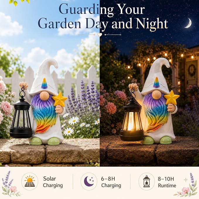 Solar Unicorn Gnome Garden Decor: Outdoor Sculpture with Lantern | IP65 Weatherproof for Yard Balcony Porch Lawn Birthday Gifts for Mom Women Grandma