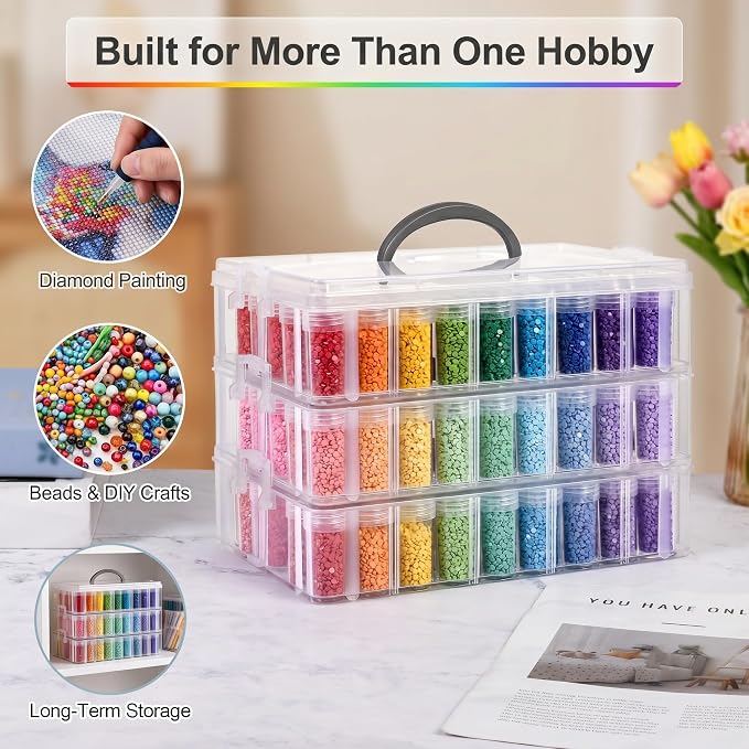 Diamond Painting Storage Container, 3-Tier Bead Organizer Box with 150 Slots, Stackable Crafts Organizers for DIY Diamond Art Craft Jewelry Bead Storage