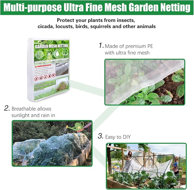 SnugNiture Garden Netting 8x24FT Ultra Fine Mesh Mosquito Netting Plant Covers, White Bird Netting Barrier Greenhouse Row Cover Protect Fruits Flower Vegetables from Birds Deer & Squirrels