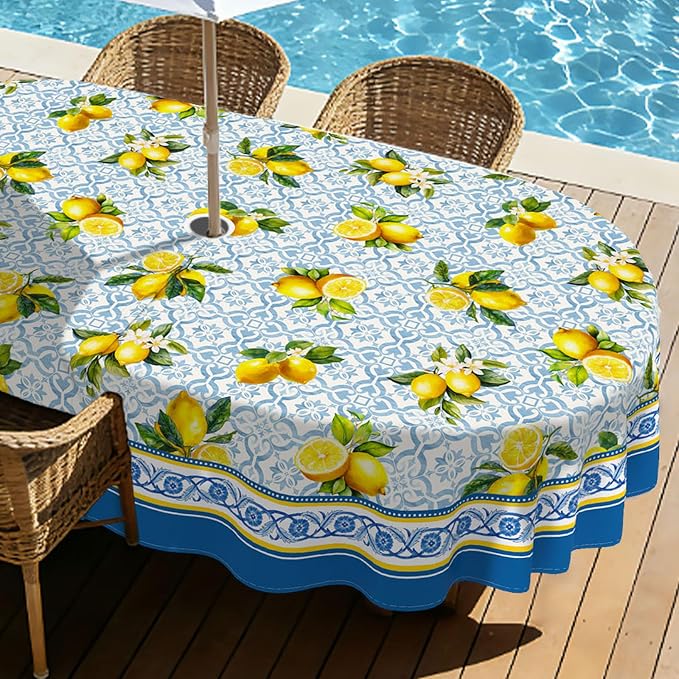 Lemon Outdoor Oval Tablecloth with Umbrella Hole 60" x 84" Waterproof Zipper Table Cloth for Patio Table - Ideal Tablecloths for Picnics, Camping, and Yard Use