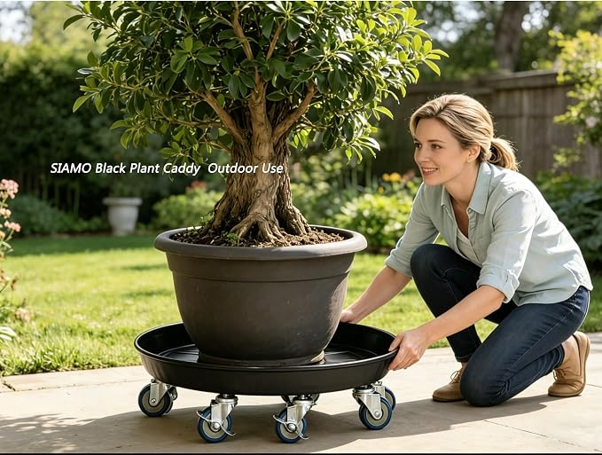 SIAMO 20" Heavy Duty Plant Caddy (570lbs Capacity)-Lockable Non-Scratch Swivel Casters Rolling Plant Stand Saucer for Large Ceramic Planters & Heavy Trees Indoor & Outdoor,Black,1-Pack
