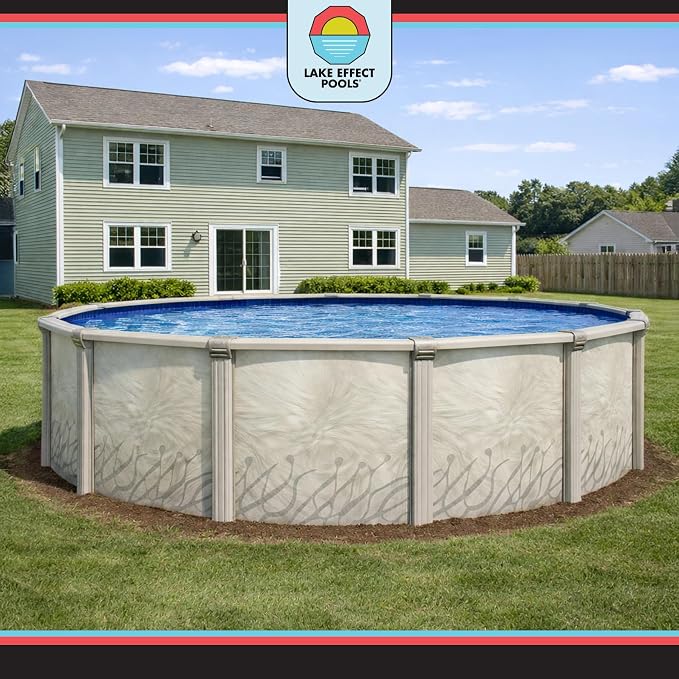 Lake Effect Pools 'Meadows' 27 ft Round Above Ground Swimming Pool | 52 Inch Steel Side Walls | Kit Includes: 25 Gauge Overlap Liner & Widemouth Skimmer