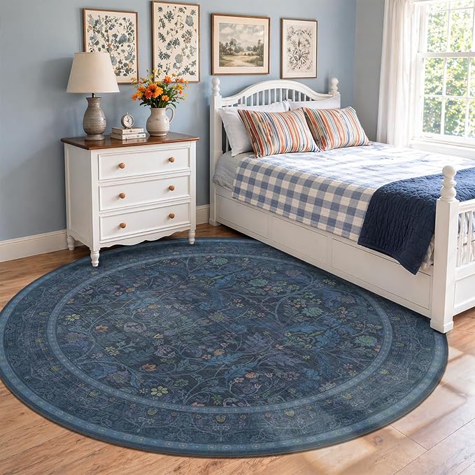 Washable 8ft Large Round Area Rug for Living Room, Moody Navy Botanical Floral Circle Carpet, Vintage Traditional Floor Rug for Dining Room Under Table, Non-Slip Stain Resistant for Bedroom