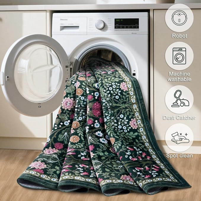PLHXFR Area Rug 10x14 Living Room: Floral Washable Boho Carpet Dark Green | For Bedroom Dining Room Farmhouse Nursery Hallway,Vintage Floral,Machine washable,Non Slip,Stain Resistant,Large Indoor