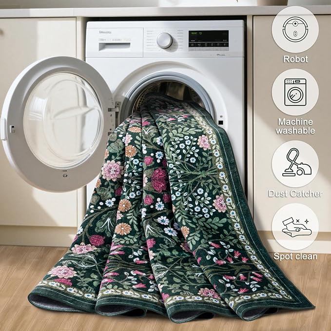 PLHXFR 2.6x8 Washable Runner Rug：Floral Indoor Kitchen Carpet Dark Green | For Hallway Bedroom Kitchen Laundry Bathroom Dorm,Vintage Floral,Machine washable,Non Slip,Stain Resistant,Indoor Floor