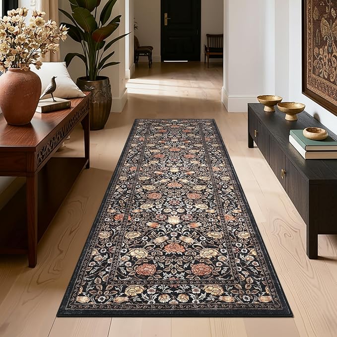 GarveeHome Dark Brown Floral Washable 2x3 Rug for Entryway Small Door Mat | Kitchen Bathroom Girls Bedroom Dorm Rug Vintage Boho Rugs Low-Pile Non-Slip Stain Resistant TPE Backing