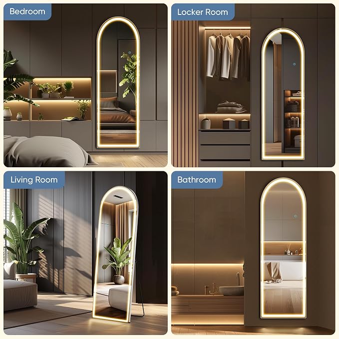 21"x64" Arched LED Full Length Mirror with Stand, Full Body Mirror | LED Lights 3 Color Lighting, Wall Hanging or Leaning, Floor Standing, Modern Simple Home Wall Decor