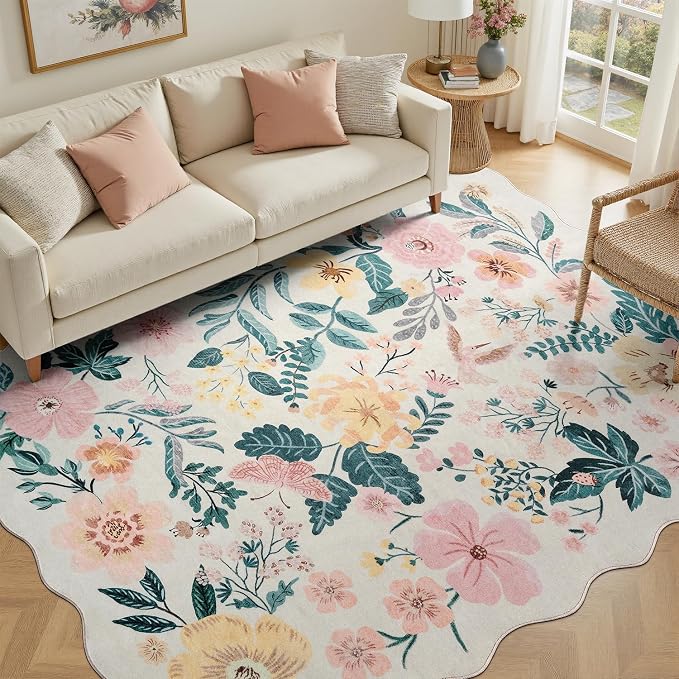 DCX Vintage Floral Washable Area Rug 5x7, Non Slip Low Pile Rug, Pink | Rugs for nursery bedroom, living room, bedroom, office, soft, kid & pet friendly, sain resistant indoor carpet, home decor