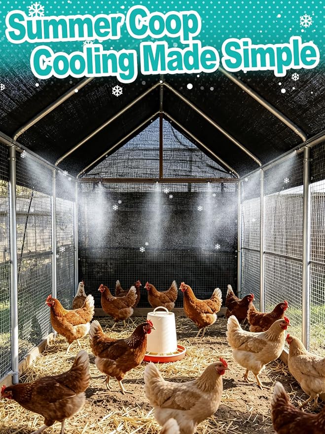 Pre-Assembled Chicken Coop Misting System for Cooling - Leak-Resistant Mist Hose Kit for Summer Poultry Heat Relief, Included 39.4ft Line, 3/4" Adapter, 11 Brass Nozzles, Filter Gasket Accessories