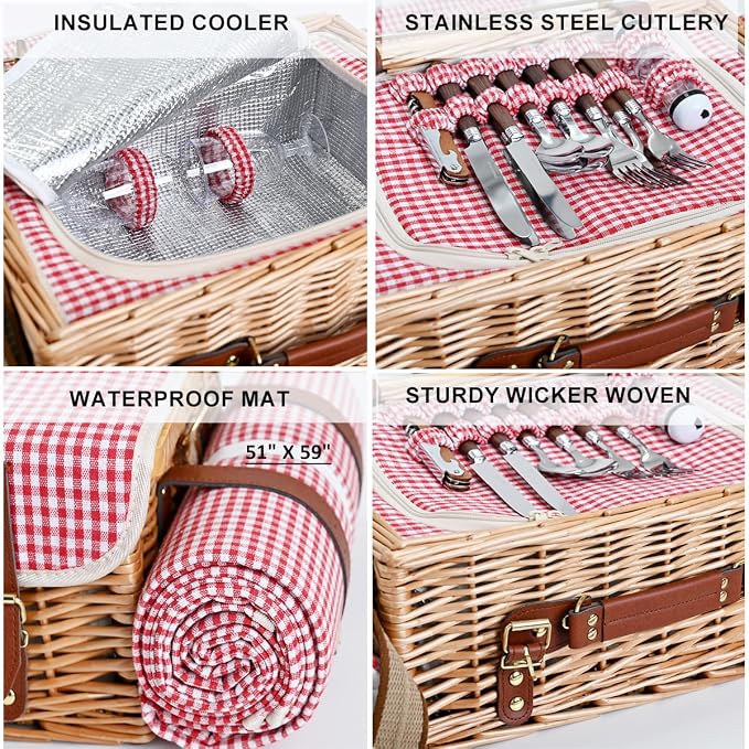 Multifunctional Wicker Picnic Basket Set for 2 with Blanket and Picnic Table, Insulated Picnic Set with Full Tablewares for Camping Outdoor Couples, Gingham