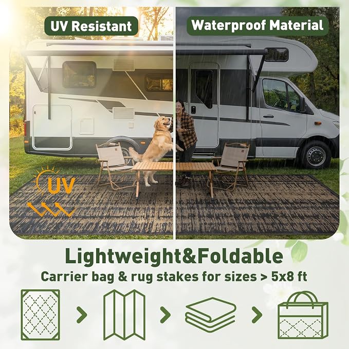 MontVoo Outdoor Rug Waterproof 5x8 ft Outdoor Carpet Patio Rug Mat Reversible RV Camping Rug Plastic Straw Outside Rug for Balcony Porch Deck Picnic Beach Modern Black Brown
