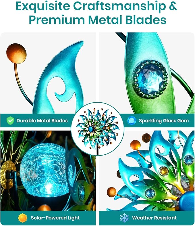 Solar Wind Spinners Outdoor, Yard Decorations Outdoor, Peacock Decor | Hand-Crafted Art,Weather-Resistant,Heavy-Duty,Whisper-Quiet Dual-Bearing,Auto-Glow Solar Crackle Ball,Stable 5-Prong Stake