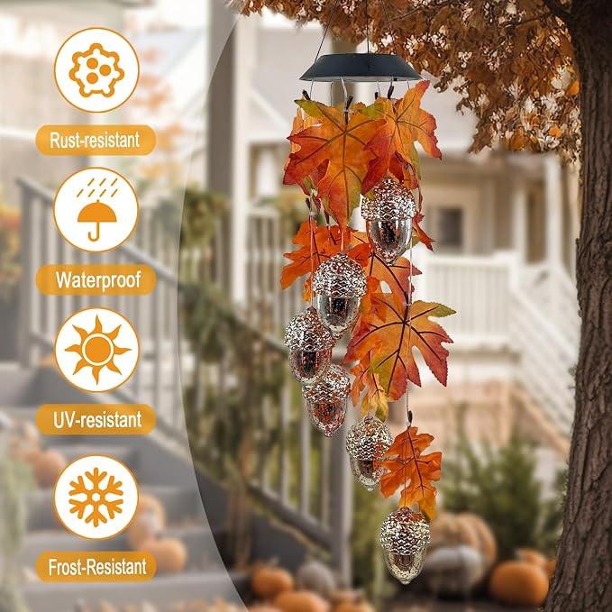 Solar Acorns Wind Chimes for Outside,Oak Leaves Danglers Mobile Lights,Outdoor Hanging Fall Decor for Garden Patio Yard,Thanksgiving Birthday Gifts for Women