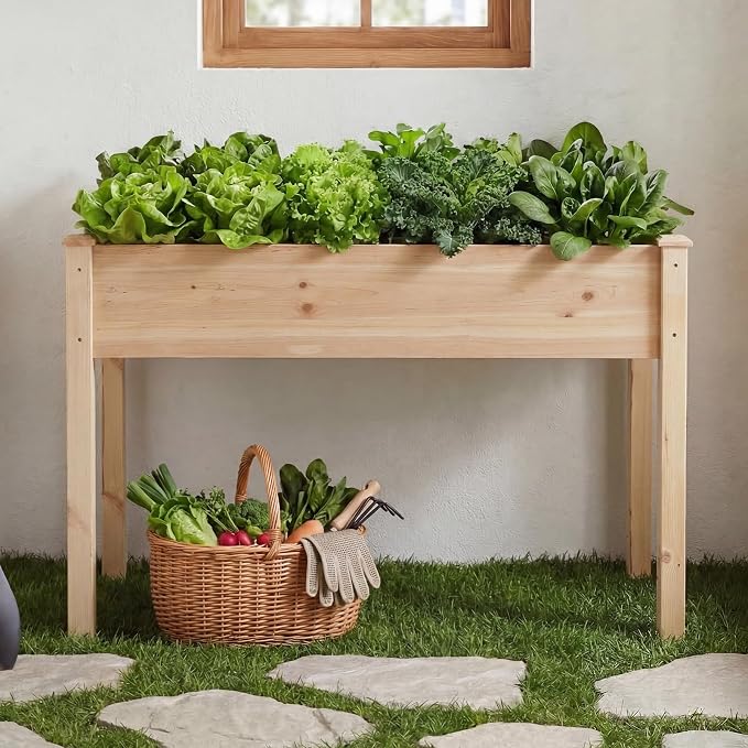 DUMOS Raised Garden Bed 34x18x30 Inch, Outdoor Planter Box with Legs, Elevated Wood Garden Bed with Liner for Herbs Flowers Vegetables, Wooden Planter Box for Patio, Balcony, Backyard, Natural Wood