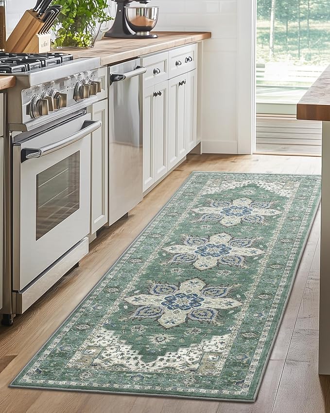 AMADA HOMEFURNISHING 2x6 Washable Runner Rug, Low-Profile Kitchen Rugs with Non-Slip Backing & Durable Edge Binding, Vintage Entryway Runner Rug for Bedroom & Hallway