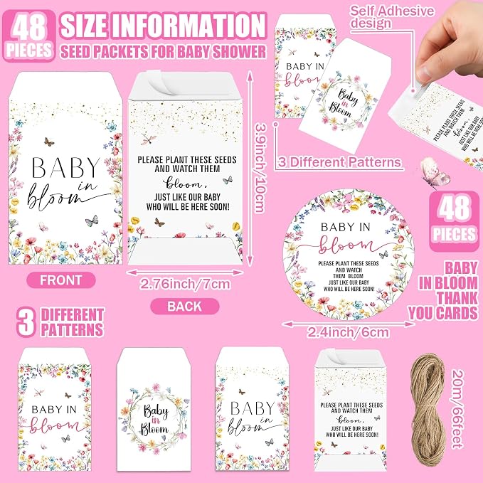 Reallnaive Baby Shower Party Favors Baby in Bloom Envelopes Seed Packets Include 48 Mini Terracotta Pots Seed Packets 48 Self Adhesive Envelopes Thank You Tags Gifts for Party