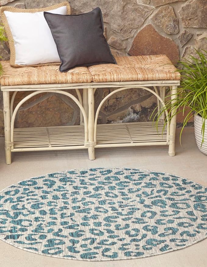 Unique Loom Outdoor Safari Collection Area Rug - Leopard (13' Round, Teal/ Ivory)