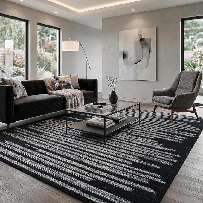 GarveeHome Large Area Rug 9x12 Modern Striped Non Slip Stain Resistant Washable Rug for Living Room Dining Room Bedroom Guest Room Home Office Low Pile Soft Carpet Kids&Pets Friendly, Black
