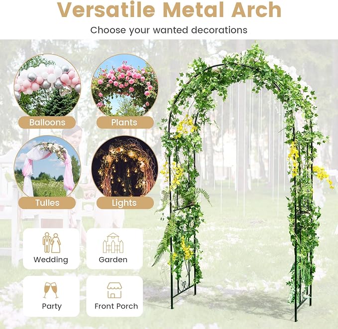 Moccha Garden Arch, 7.2Ft Metal Arbor for Climbing Plants, Vines, Roses, Outdoor Pergola Trellis with Stakes, Wide Garden Archway Arbor Trellis for Lawn Wedding
