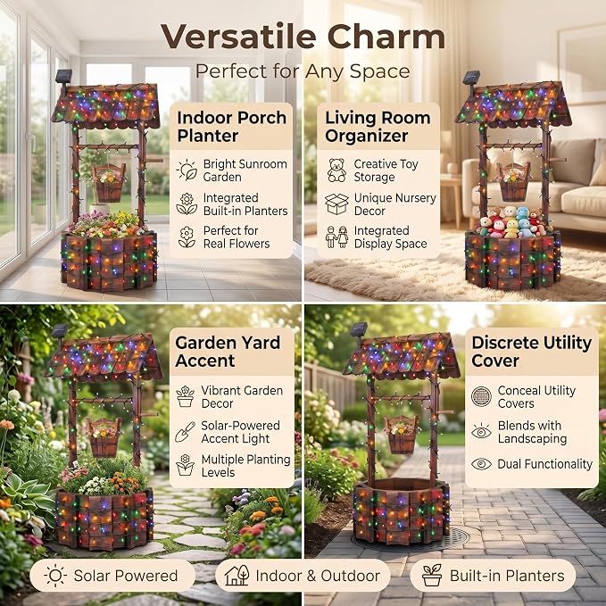 Wooden Wishing Well Planter With Light,4 Reinforced Rods,Dual Tier Planting | 8 Custom Lighting Modes, Adjustable Hanging Bucket, Multi-Yard Decor, Seasonal Plant Friendly, Easy Installation
