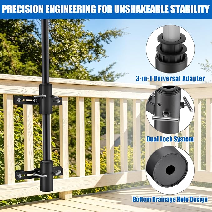 KingDolly Space-Saving Design Patio Umbrella Holder for Deck Railing, No Drill Adjustable Deck Umbrella Holder Fit for 1''-1.9'' Poles, Deck Umbrella Mount Bracket for Balcony Garden Poolside Railing