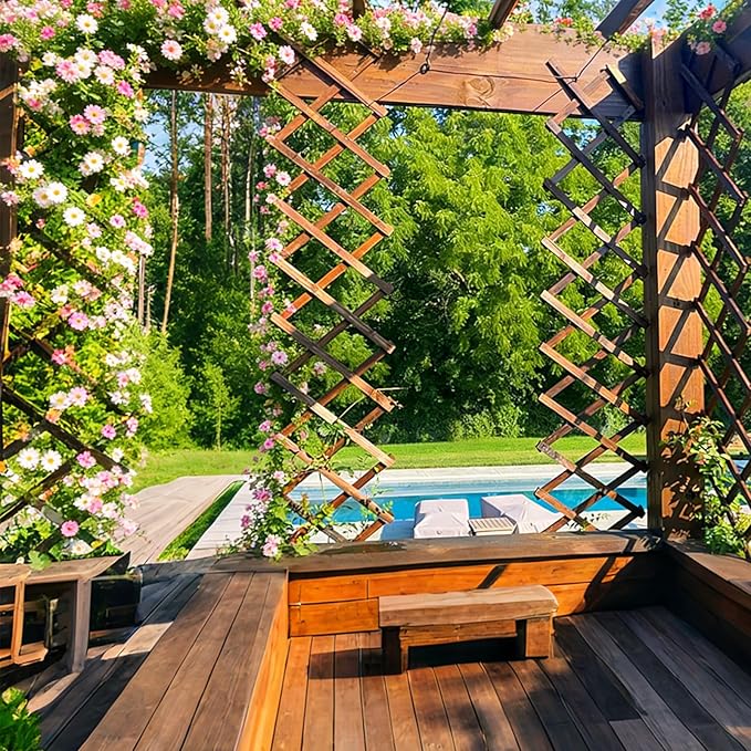 Expandable Garden Trellis, 13" x 68" Thickened Wooden Lattice Trellis for Climbing Plants Outdoor Ivy Vine Rose Clematis for Garden Fence Wall Patio Room Decor (1Pcs Brown)