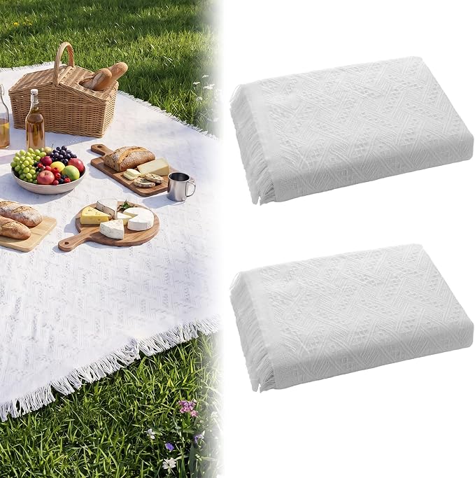 2 Pack White Coffee Extra Large Picnic Blanket, Outdoor Picnic Mat, Woven Boho Large Beach Blanket with Fringe for Park, Camping, Lawn or Wedding Photoshoot (71 x 91 Inches)