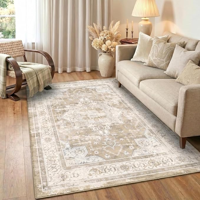 5x7 Area Rug for Living Room Vintage Neutral Washable Rugs | Stain Resistant Farmhouse Boho Floral Indoor Carpet for Bedroom Office and Home Decor(Beige&Brown)
