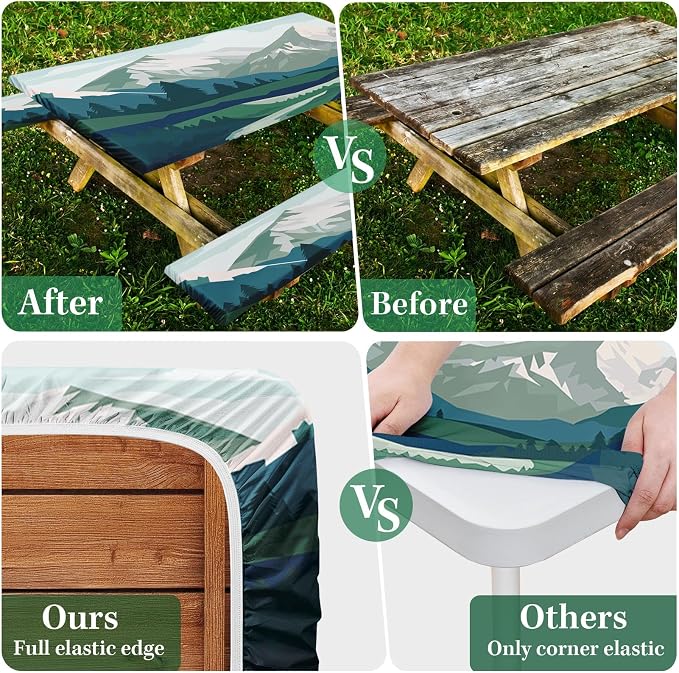 3 Piece Fitted Picnic Table Cover with Bench Covers, 72"x30" Full Elastic Edge Camping Tablecloth, Waterproof Wipeable RV Outdoor Patio Park Camping Essentials With Drawstring Bag (Mountain)