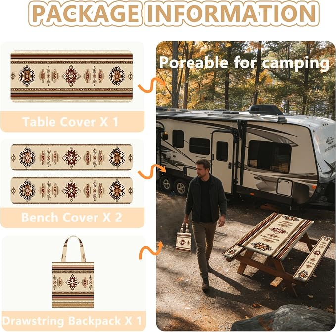Picnic Table Cover with Bench Covers Elastic Edges, Outdoor Patio Camping Essentials 72 Inch 3PCS, Waterproof Camping Fitted Tablecloth with Handbags (Boho Tribal)