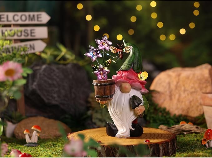 Outdoor Garden Gnomes Statues with Solar Lights Gnomes Gardening Birthday Gifts for Women Mom Grandma, Gnome Sculpture Figurine Outside Garden Decorations for Yard Patio Porch Lawn Backyard Decor