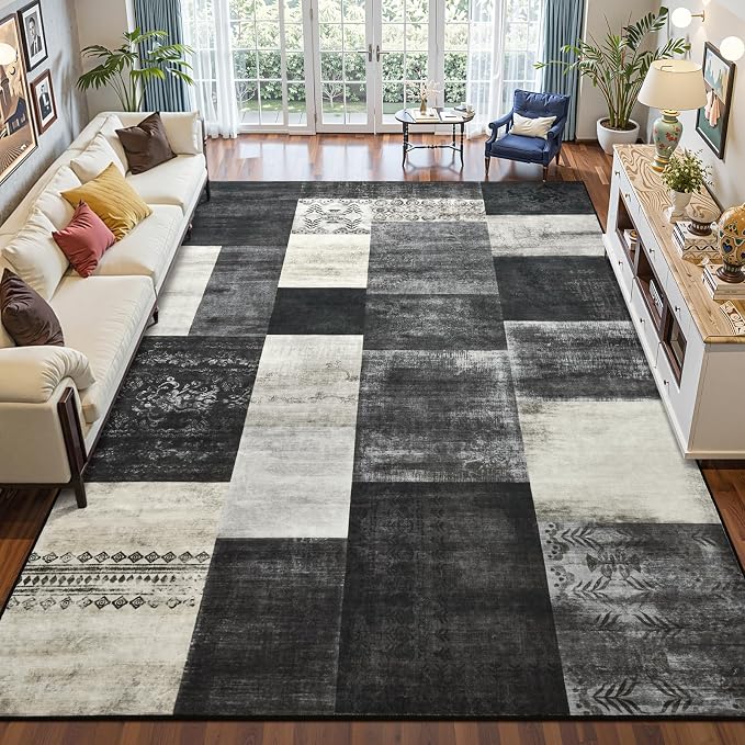 Washable Area Rugs 5x7 for Living Room, Modern Geometric Black White Soft Patchwork Carpet, Non-Slip Stain Resistant Throw Rug for Bedroom Dining Room Office Home Decor