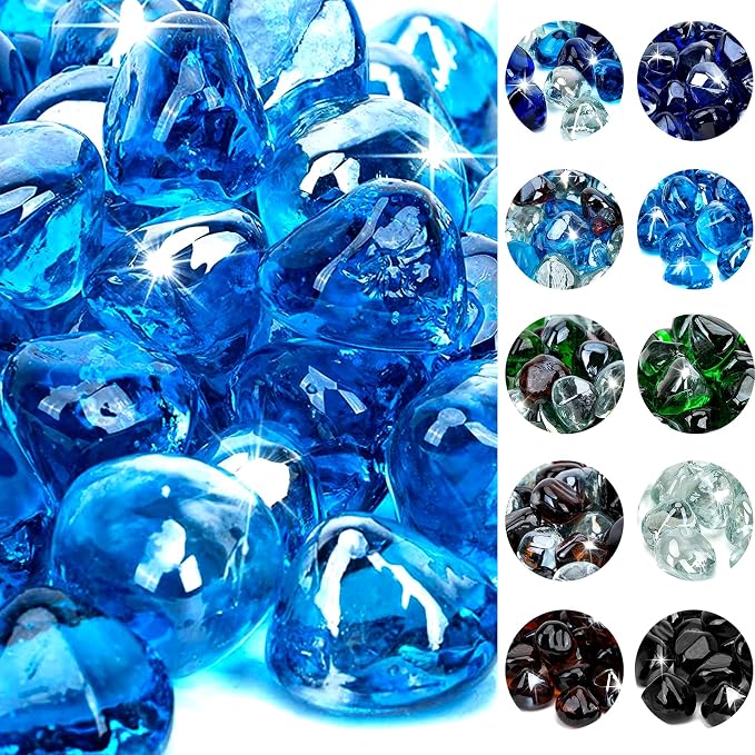 Onlyfire 10 lbs Fire Glass Diamonds 1 Inch, Reflective Fire Pit Glass Rocks for Propane & Natural Gas Fireplace, High Luster Multi-Faceted Stones, Caribbean Blue (Multicolor & Blends Available)