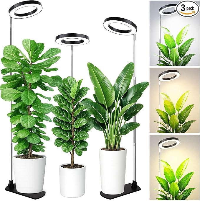 LBW Grow Lights for Indoor Plants, 6.3" Full Spectrum Plant Light with Base, 59" Height Adjustable Grow Lamp, 6/8/12/16H Auto Timer, 3 Colors, 5 Dimmable Levels, for Tall Large Plants, Black, 3 Pack