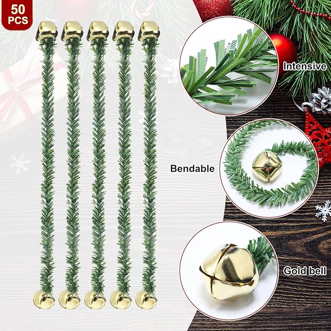50 Pcs 20 Inches Christmas Garland Ties with Bells Decorative Twist Ties Garland Hanger for Banister Stairs Railing Garden Reusable Flexible Twist for Xmas Holiday Decorations (Gold)