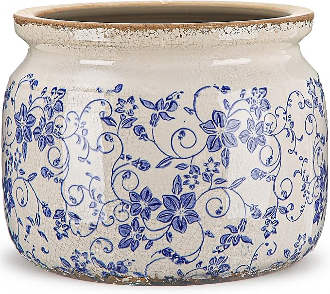 7.7" Large Vintage Ceramic Plant Pot Blue White Country Crackle Glaze Pot Rustic Morning Glory Flowers Planter with Drainage for Indoor Outdoor Plants Kitchen Office Home Decor Gift