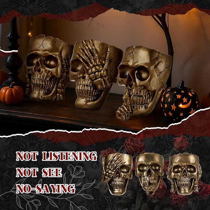 3 Pcs Skull Planter Skeleton Wall Hanging Planter Pot Gothic Spooky Head Face Flower Pot Garden Decor for Festival Party Indoor Outdoor Plants Home Garden Office Decorations(Gold)