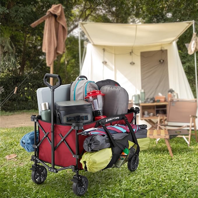 Gorilla Carts Collapsible Folding Outdoor Utility Wagon, 7 Cu Ft Oversized Bed, 150 lb Load Rating, Red – Foldable Rolling Cart w/ Pockets & Cup Holders for Beach, Camping, Sports or Picnic
