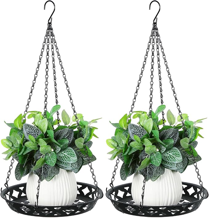 Enhon 2 Pack Plant Hanger, 12 Inch Metal Hanging Planter for Indoor Outdoor Plants, Classy Glossy Black Decorative Hanging Plant Shelf for Window Wall Ceiling Home Decor