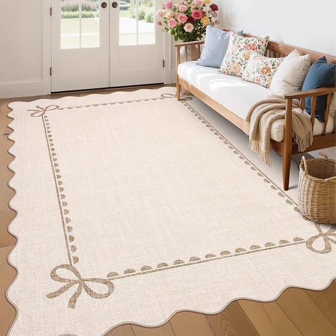 COZYLOOM Washable Kids Room Rug 8x10 Scalloped Rugs for Living Room, Beige | Rubber Backing Modern Bow Print Stain Resistant Non Shedding Low Pile Soft Bordered Area Rug for Dining Room Bedroom Nursery