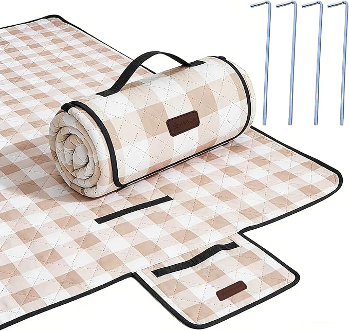 HX&OD Outdoor Picnic Blanket, Extra Large, 80''x60'' Waterproof Foldable Blankets Gingham Picnic Mat for Beach, Camping Grass Lawn Park Accessories Cute Couple Ideas Wedding (Light Brown, 80”x60”)