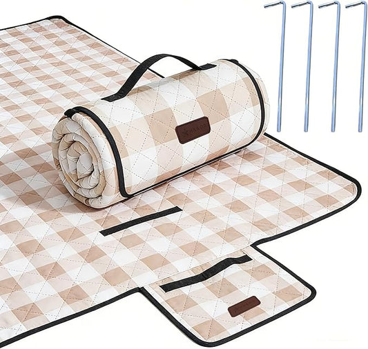 HX&OD Outdoor Picnic Blanket, Extra Large, 80''x60'' Waterproof Foldable Blankets Gingham Picnic Mat for Beach, Camping Grass Lawn Park Accessories Cute Couple Ideas Wedding (Light Brown, 80”x60”)