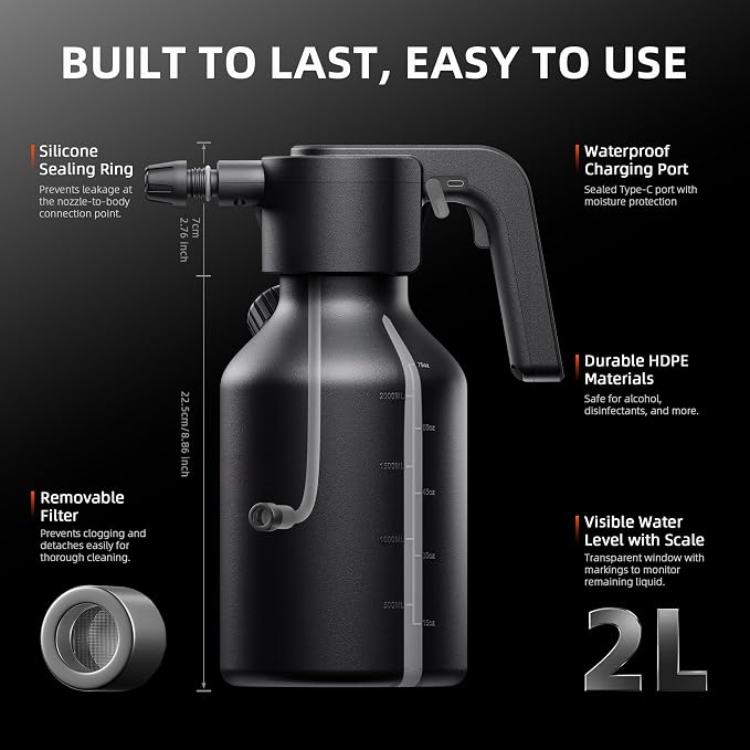 Spider Farmer 0.5 Gallon Electric Spray Bottle, 2500mAh Battery Powered Sprayer, Automatic Plant Mister with Adjustable Nozzle & Measuring Cup, Type-C Rechargeable for Indoor Outdoor Gardening