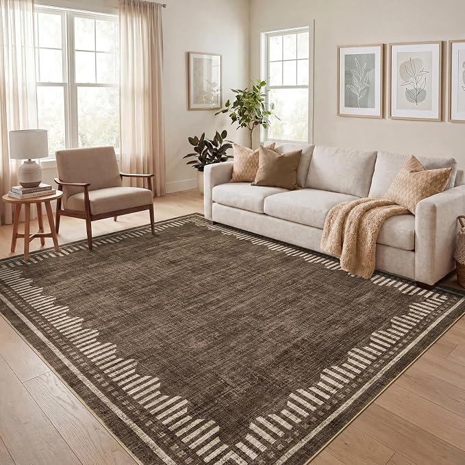 Garvee 4x6 Scalloped Area Rugs Living Room Bedroom Washable Neutral Rug | Modern Gometric Brown Solid Color Nursery Rugs Low Pile Stain Resistant Non Slip Kitchen Entry Home Office Throw Carpet