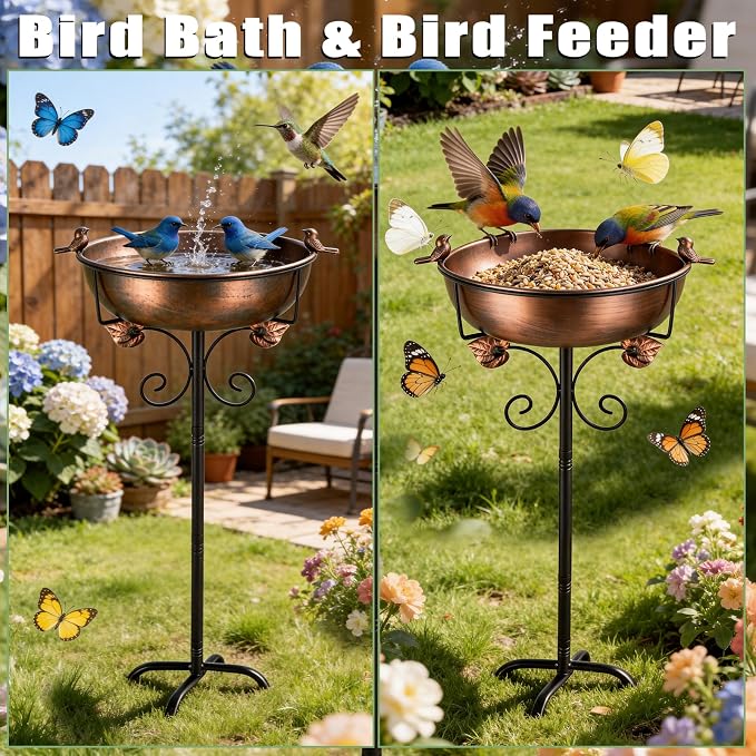 Bird Bath for Outside, 27.6" H Standing Bird Feeder Bowl with 11.8" Wide Basin, 1-Tier Metal & Copper Garden Bird Bath and Feeder for Yard Patio Backyard Lawn Flower Bed Outdoor Garden Decor